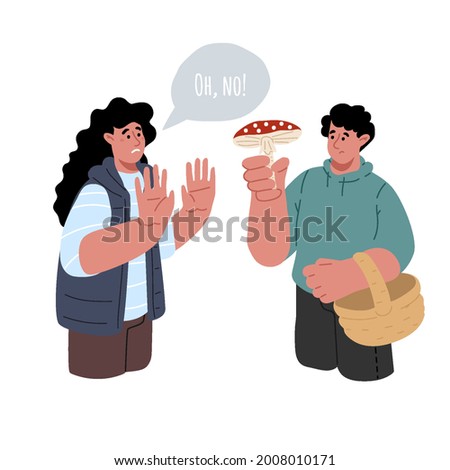 Concept of identify the mushroom.A couple of man and woman trying to identify the species of mushrooms.The guy holds a poisonous mushroom, the girl is shocked.Vector flat illustration.