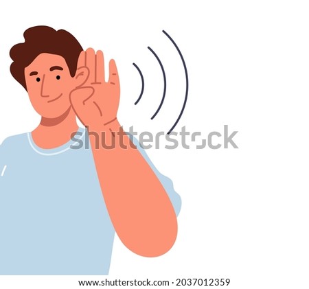 Deafness concept.The young man smiles and holds his hand near his ear. The guy listening or hearing intently.Vector flat illustration.