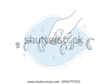 Types of hearing aids for the deaf.The hand reaches for the right listening device.Custom hearing aid fitting for deaf people.Vector flat illustration.