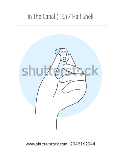 A collection of different hearing aids for people with hearing problems.Hearing aid isolated on white background.In the canal, half shell,ITC.Vector flat illustration.