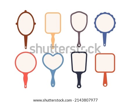 Make up hand mirror for woman.Set of colorful and simple vintage mirrors in flat style, different shapes.Vector illustration isolated on white background