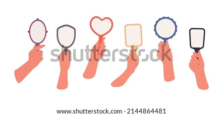 Set of diverse hands holding colorful mirrors.Female hands in different poses hold differently shaped,makeup mirrors.Simple vector illustration in cartoon style,isolated on white background.