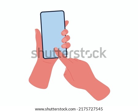 Hand holding mobile phone,finger touching,scrolling or click on screen.Cartoon vector illustration of two hands and smartphone isolated on white background.