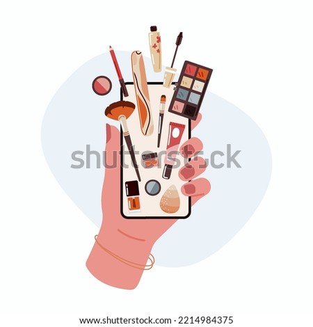 Woman buying beauty product with mobile app.Female hand holds cell phone to buy brushes for makeup,eye shadow,nail color,liner with beauty blender and mascara.Vector flat illustration in cartoon style
