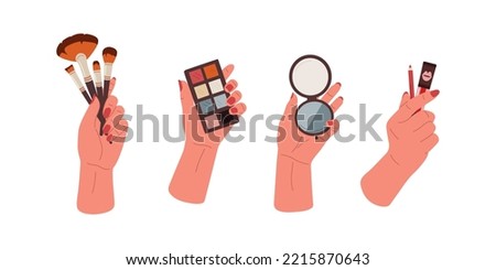 Female hands holding set of makeup brushes,lipstick with pencil,eye shadows and pocket mirror isolated on white background.Tools for beauty stylist and home skincare.Vector cartoon illustration 