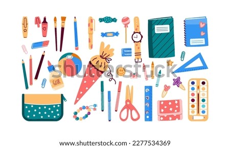 Set of school stationery objects.Supplies collection set like ruler,pencil,satchel.Back to school.Vector illustration in flat style isolated on white background