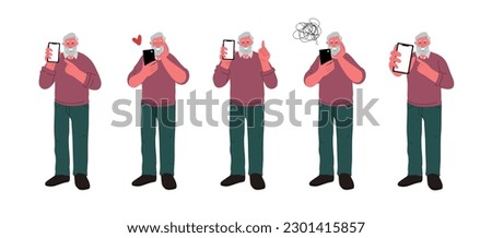Senior hold mobile phone.Collection of elderly man with diffent feelings and problems using modern technology.Vector illustration in flat style on white background