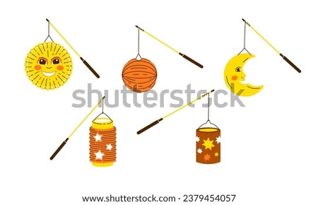 Diverse Lantern on the stick for Saint Martin day or Laternenumzug,traditional german and european light festival for children.Vector illustration on white background.