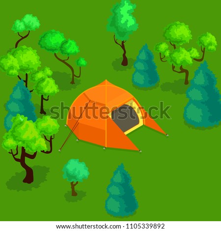Vector isometric flat camping tent isolated in forest with trees orange 3d tent canopy isometric awining vfor tourism sport hiking leisure place tourist's house for camping. Modern polyester tent 