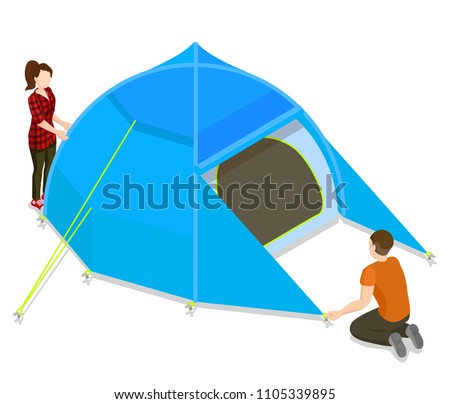Vector isometric flat camping tent isolated blue on white 3d tent canopy isometric awining isometric people leisure place tourist's house for camping. Modern polyester tent girl and boy 