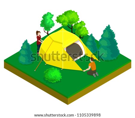 Vector isometric flat camping tent isolated in forest with trees yellow 3d tent canopy isometric awining isometric people place tourist's house for camping. Modern polyester tent girl and boy 