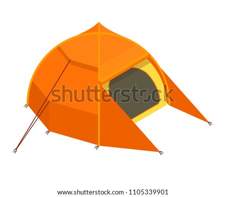 Vector isometric flat camping tent isolated on white orange 3d tent canopy isometric yellow awining vfor tourism sport hiking leisure place tourist's house for camping. Modern polyester tent 
