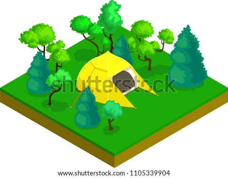 WebVector isometric flat camping tent isolated in forest with trees yellow 3d tent canopy isometric awining vfor tourism sport hiking leisure place tourist's house for camping. Modern polyester tent 