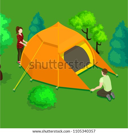 Vector isometric flat camping tent isolated in forest with trees orange 3d tent canopy isometric awining isometric people leisure place tourist's house for camping. Modern polyester tent girl and boy 