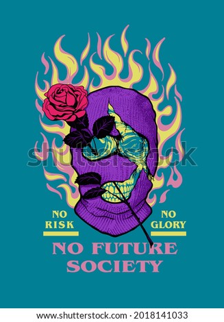 skull with a rose in fire wearing balaclava mask with a slogan print design