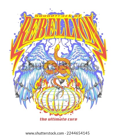A fake band poster for a metal music group is depicted in this illustration. The poster features an image of a snake with wings spread out behind it, surrounded by flames