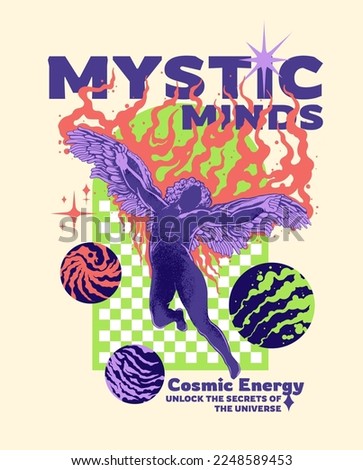 An illustration of a winged angel featuring cosmic graphic elements, accompanied by slogans that evoke the mysteries of the universe