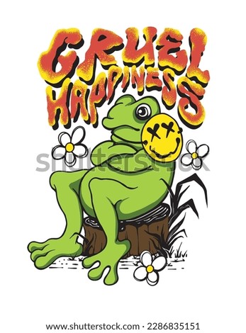 A design featuring a frog wearing a joyful mask and the slogan Cruel Happiness printed on it