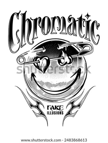 hand drawn chrome look custom typography features a happy face pierced by a safety pin with a broken heart, blending grunge and punk aesthetics designed for t shirt printing