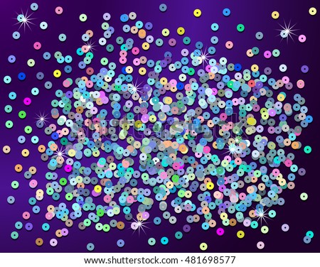 Realistic image of multi-colored iridescent sequins, scattered sparkling holographic glitter on a purple background, vector illustration EPS10