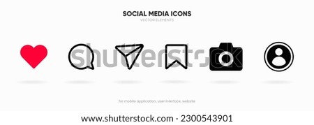 Flat minimal social media icons, like, heart, forward, bookmark, profile, camera icons. Comment, share and save icons for UI UX website mobile app