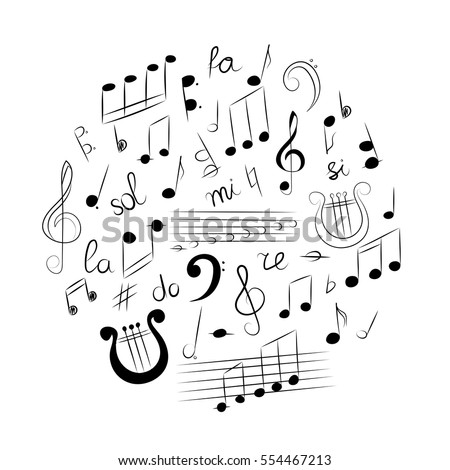 Hand Drawn Set of  Music Symbols.  Doodle Treble Clef, Bass Clef, Notes and Lyre Arranged in a Circle. Vector Illustration.