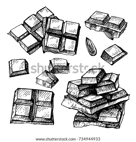 Hand drawn set of chocolate.Hand drawn chocolate bar broken into pieces, appetizing realistic drawing. illustration of choco bar on white background. 