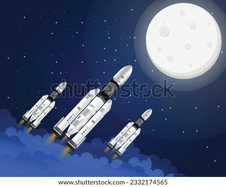 Chandrayaan-3 Successful Launch Illustration - ISRO Moon Mission Representation with Group of Rockets Carrying Orbiter, Rover, Lander to Moon Surface