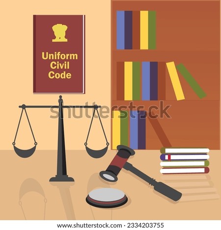 Universal Civil Code forAll Religions in India Illustration with Icons of Books, Book Shelf, Balance Scale, Wooden Gavel - One Legal Framework for All Indian Religions