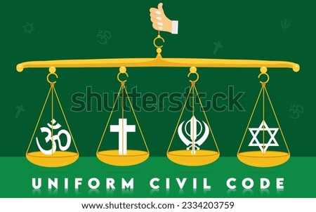 Universal Civil Code Law Illustration with Balance Scale with Religious Symbols on the four Partitions - One Legal Framework for All Religions in India 