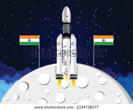 Chandrayaan-3 Successful Landing on Moon Illustration with Indian Spacecraft on the Moon Surface and National Flags Hoisted 