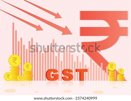 GST Decrease Representation with Decreasing Bar Graph, Arrow Going Down and Set of Icons of Indian Currency Symbol and Coins 