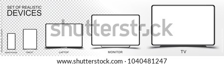 Set Mock-up of realistic devices. Smartphone, tablet, laptop, monitor and TV on a transparent and white background. Flat vector illustration EPS 10.