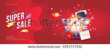 Super sale of 25% off. The concept for big discounts with voluminous text, a retro TV and red hearts on a red background with light effects. Flat vector illustration EPS10.