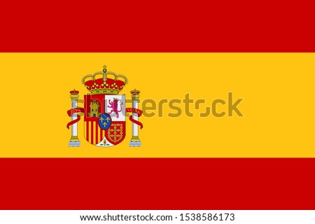 Spanish Flag with coat of arms with crowns, a lion and a castle on the background of a shield. Flat vector emblem.