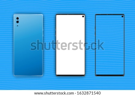 Set Mock-up of realistic Smartphones. Two modern telephones. Front side with white and transparent screen and back side with cameras isolated on background with shadow. Flat vector illustration EPS 10