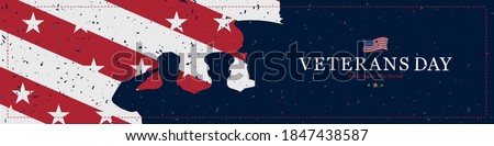 Happy Veterans Day. Greeting card with USA flag and soldiers on background with texture. National American holiday event. Flat vector illustration EPS10