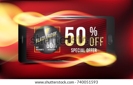 Black Friday 50% off discount. Concept advertising poster sale with smartphone and banner with hot discounts and realistic fire with light effects on a colored background. Vector illustration EPS 10