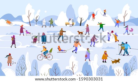 Winter is here.People spend time outdoor at winter. Vector illustration.