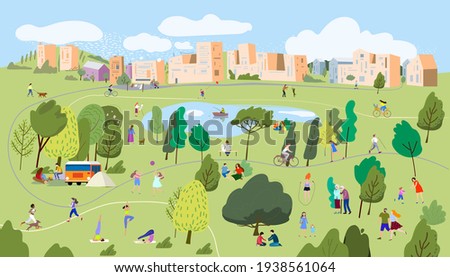 Active family weekend in the forest by the lake with a barbecue, walks. People having a rest on a picnic in nature.People in the park.Vector illustration. 