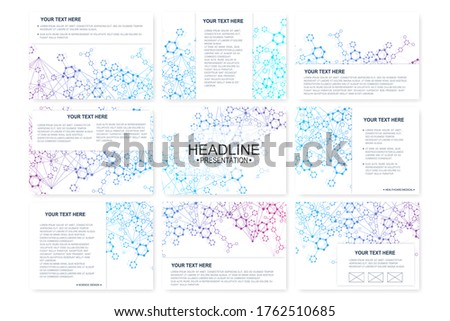 Big set of vector templates for presentation slides. Modern graphic background structure molecule and communication. Scientific pattern atom DNA. Medical, science, chemistry design.