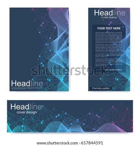 Set flyer, brochure size A4 template,banner. Molecular structure with connected lines and dots. Scientific pattern atom DNA with elements for magazine, leaflet, cover, poster design