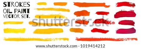 Colorful oil paint brush strokes. Pink, red, orange and yellow tints. Isolated spots on white background.