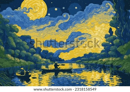 Men fishing in kayaks on a river against a sunset backdrop.Vector illustration inspired by the painting of Vincent Van Gogh - Moonlit Night.