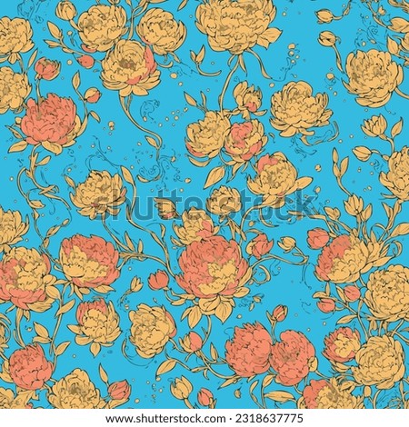 Vector pattern with peonies with Studio Ghibli style