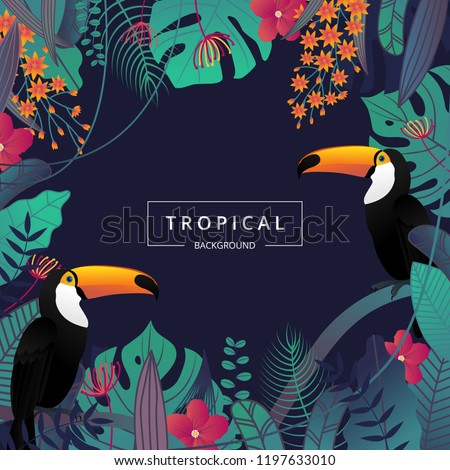 Tropical background with toucan bird ,tropical leaves and flower. Jungle exotic leaf on dark background for promotion banner design, flyer, party poster, printing and website. Vector illustration.