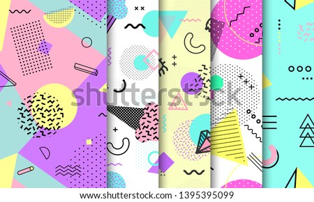 Memphis seamless pattern collection. Geometric seamless pattern different shapes fashion 80's-90's style. Set of pastel Memphis background. Abstract vector illustration in minimal design. Foto stock © 