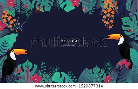 Tropical background with toucan bird ,tropical leaves and flower. Jungle exotic leaf on dark background for promotion banner design, flyer, party poster, printing and website. Vector illustration.