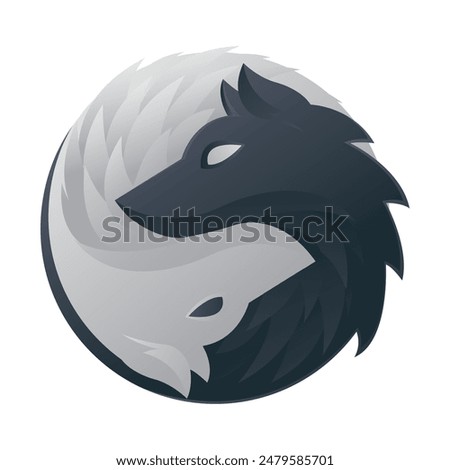 vector hand drawn illustration artwork two wolf heads forming yin and yang, wolf logo