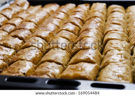 Baklava, Turkish dessert made of thin pastry, nuts and honey